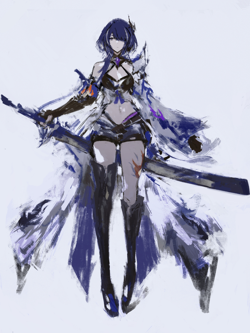 1girl absurdres acheron_(honkai:_star_rail) bell black_boots boots breasts crop_top elbow_gloves expressionless full_body gloves hair_over_one_eye highres holding holding_sword holding_weapon honkai:_star_rail honkai_(series) katana knee_boots leg_tattoo looking_at_viewer navel pale_skin short_hair simple_background single_knee_boot single_thigh_boot solo sword tattoo thigh_boots tuda6 weapon white_background