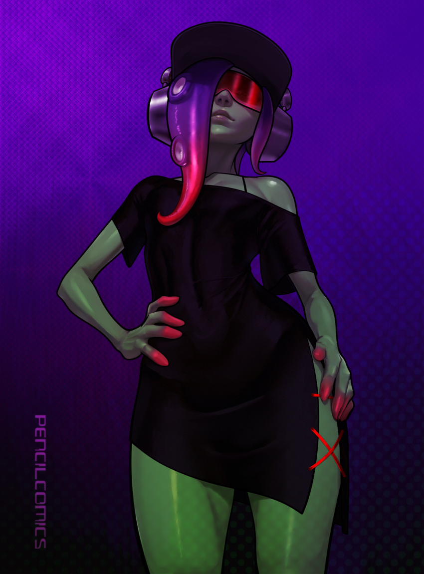 1other colored_skin dedf1sh green_skin hand_on_own_hip headphones headphones_over_headwear highres long_shirt nintendo non-web_source pencil_comics realistic red_visor splatoon_(series) tentacle_hair thighs tight_clothes