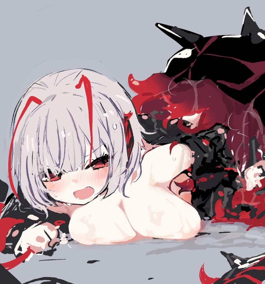 1girl arknights black_jacket blush breasts demon_girl demon_horns grey_background grey_hair highres horns jacket large_breasts no_bra open_clothes open_jacket open_mouth originium_slug_(arknights) red_eyes red_hair short_hair simple_background solo sukima_(crie) sweatdrop torn_clothes torn_jacket v-shaped_eyebrows w_(arknights)