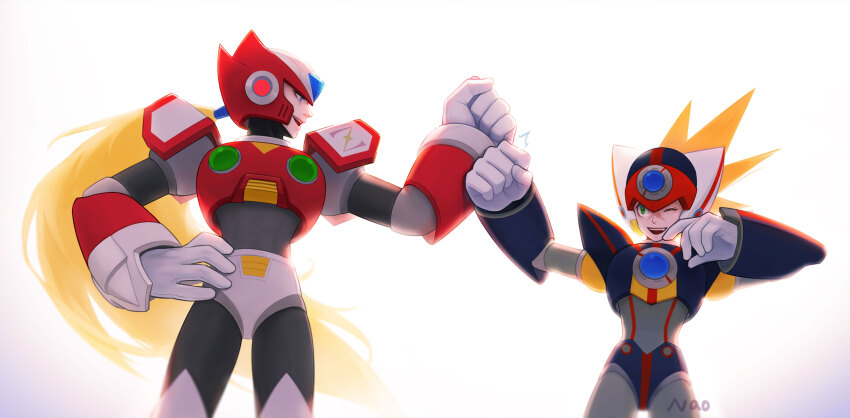 2boys absurdres armor axl_(mega_man) black_armor blonde_hair blue_eyes brown_hair chest_jewel cowboy_shot cross_scar forehead_jewel green_eyes helmet highres long_hair male_focus mega_man_(series) mega_man_x_(series) multiple_boys nao_(gatita) red_armor red_helmet scar scar_on_face simple_background spiked_hair white_background zero_(mega_man)