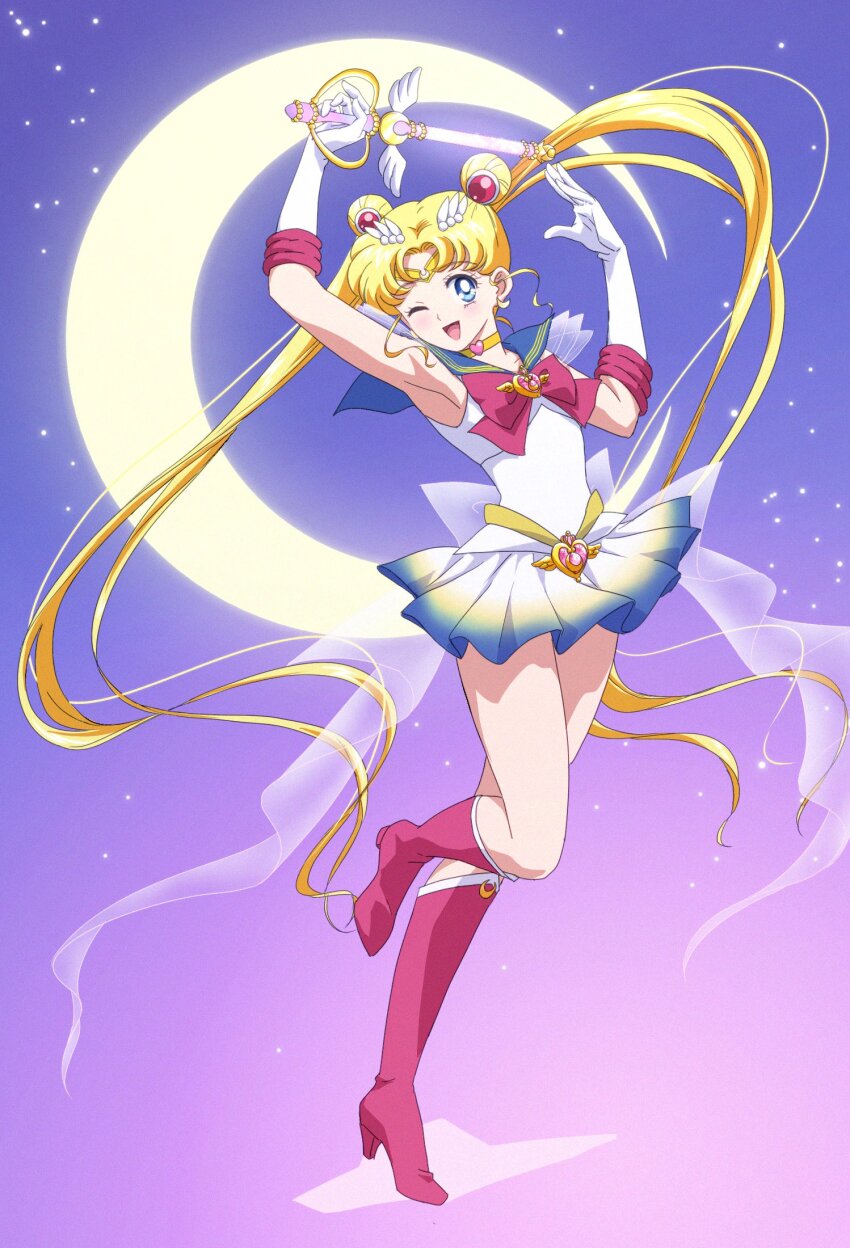 1girl back_bow bishoujo_senshi_sailor_moon blonde_hair blue_eyes blue_sailor_collar blush boots bow brooch choker crescent_moon double_bun elbow_gloves gloves hair_bun hair_ornament heart heart_brooch heart_choker high_heel_boots high_heels highres holding holding_weapon jewelry kaleidomoon_scope knee_boots long_hair magical_girl moon multicolored_skirt one_eye_closed open_mouth red_boots red_bow sailor_collar sailor_moon sailor_senshi_uniform see-through_bow skirt sky smile solo standing standing_on_one_leg star_(sky) starry_sky super_sailor_moon tsukikiba_ron twintails weapon white_gloves