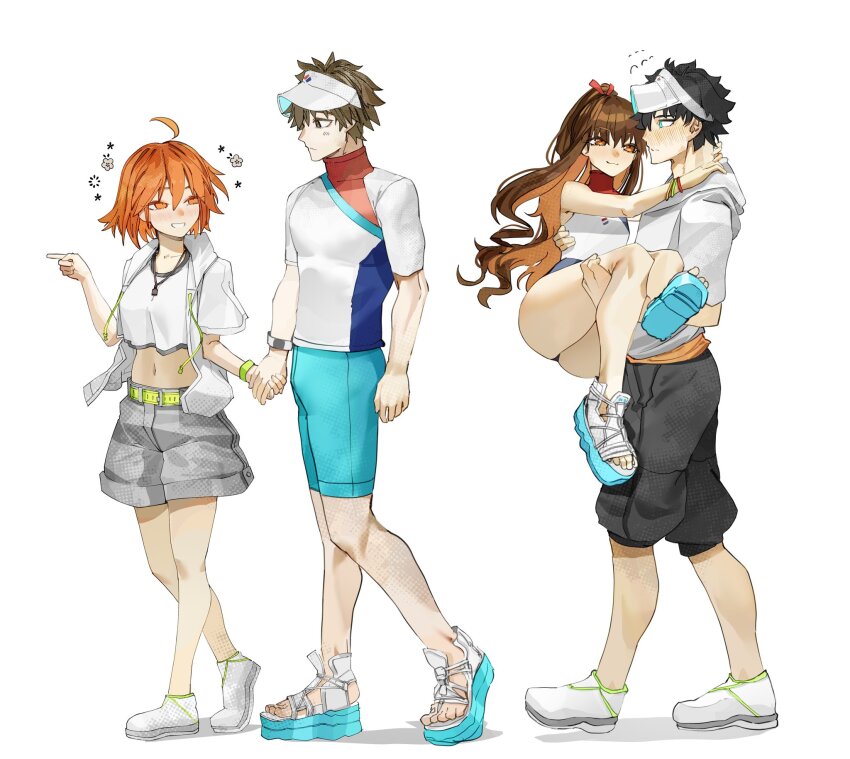 2boys 2girls ahoge bare_shoulders belt black_hair black_shorts blue_eyes blue_footwear blue_one-piece_swimsuit blue_shorts breasts brown_eyes brown_hair bulge carrying cropped_shirt drawstring fate/grand_order fate_(series) fujimaru_ritsuka_(female) fujimaru_ritsuka_(female)_(summer_street) fujimaru_ritsuka_(male) full_body grey_shorts grin hair_ornament hair_scrunchie hat highres holding_hands hooded_shirt jacket jewelry kishinami_hakuno_(female) kishinami_hakuno_(male) long_hair medium_breasts midriff multicolored_swimsuit multiple_boys multiple_girls navel necklace obazzotto one-piece_swimsuit one_side_up orange_eyes orange_hair ponytail princess_carry sandals scrunchie see-through_clothes shirt shirt_overhang shoes short_hair short_sleeves shorts sidelocks small_breasts smile sneakers swimsuit visor_cap white_footwear white_hat white_jacket white_one-piece_swimsuit white_shirt