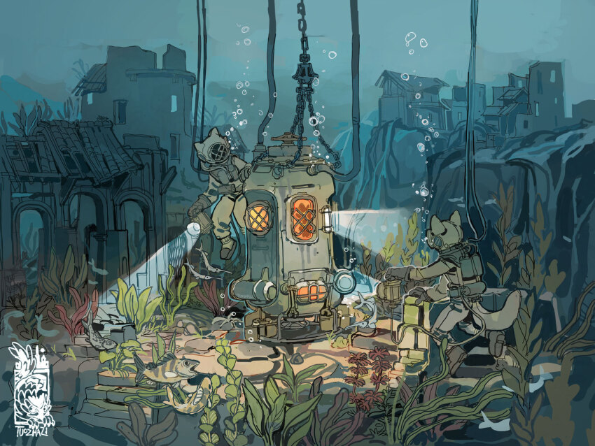 2others air_bubble ambiguous_gender bubble cat_helmet cat_tail chain covered_face diving fish holding_lamp lamp multiple_others original outdoors plant ruins scenery scuba scuba_gear seaweed tail tube tuozhazi underwater wide_shot