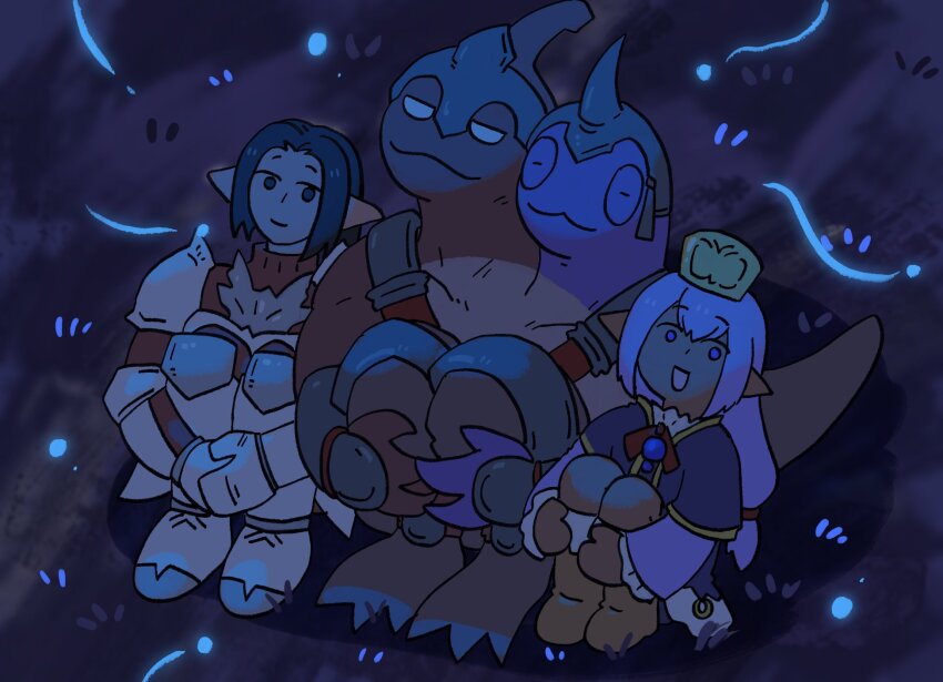 1girl 3boys :3 :d alxaal armor bakool_ja_ja blue_theme deformed elf elvaan ff14monday final_fantasy final_fantasy_xi final_fantasy_xiv highres hugging_own_legs long_hair looking_up low-tied_long_hair male_focus mamool_ja multiple_boys on_grass on_ground open_mouth pointy_ears prishe short_hair sitting smile