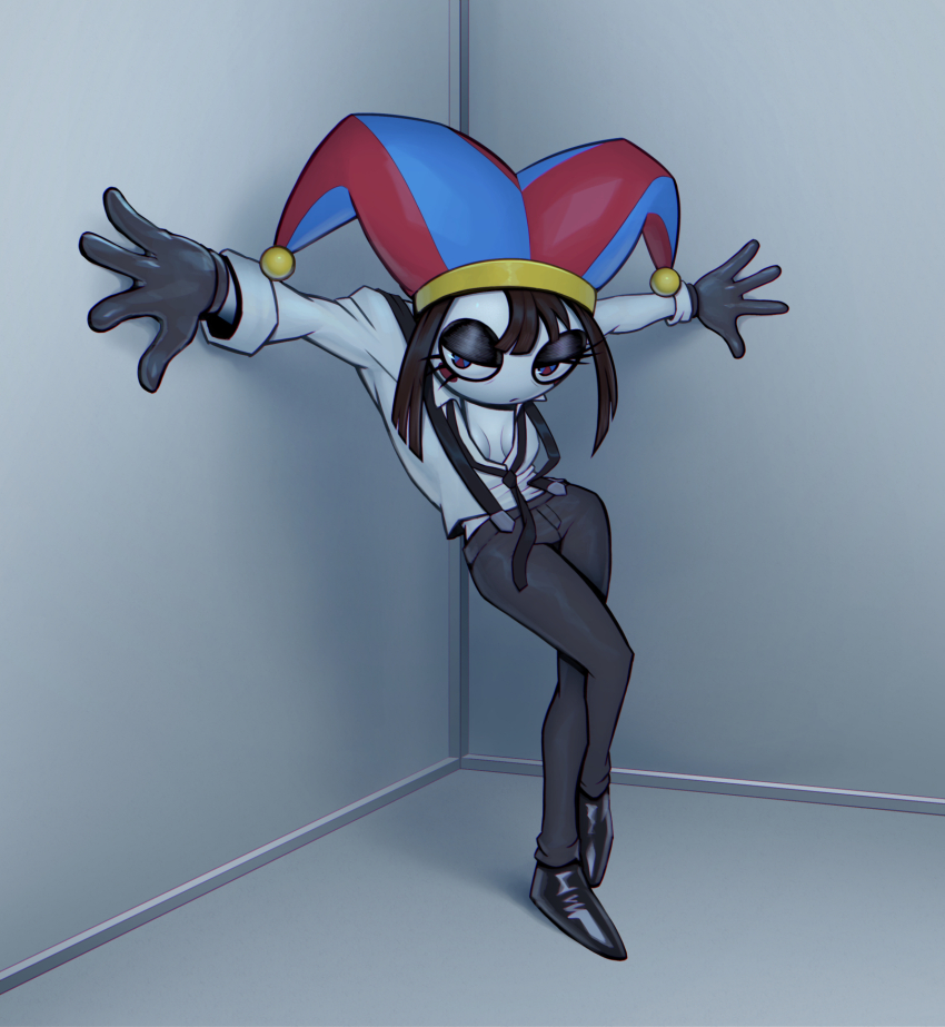 1girl bad_tag black_gloves black_necktie black_pants black_shoes blue_eyes blue_hat breasts brown_hair full_body gloves half-closed_eyes hat highres jester_cap loose_necktie mthsmelo multicolored_eyes necktie outstretched_arms pants partially_unbuttoned pomni_(the_amazing_digital_circus) red_eyes red_hat shirt shoes solo spread_arms suspenders the_amazing_digital_circus two-tone_eyes two-tone_hat white_shirt
