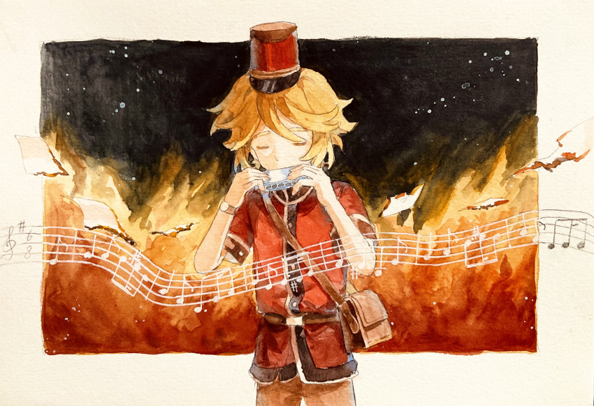 1boy absurdres bag beamed_eighth_notes black_background blonde_hair border brown_bag brown_pants cowboy_shot dongfang_shuyechu eighth_note flying_paper hands_up harmonica hat highres holding holding_instrument identity_v instrument jacket male_focus music musical_note musical_staff outside_border painting_(medium) pants paper playing_instrument quarter_note red_hat red_jacket sharp_sign short_hair short_sleeves shoulder_bag solo traditional_media treble_clef victor_grantz watercolor_(medium) white_border