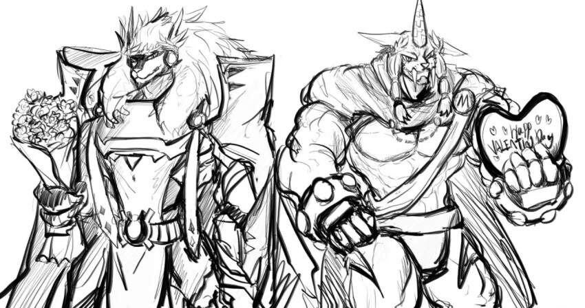 apollomon bouquet digimon digimon_(creature) flower heart horns marsmon muscular muscular_male