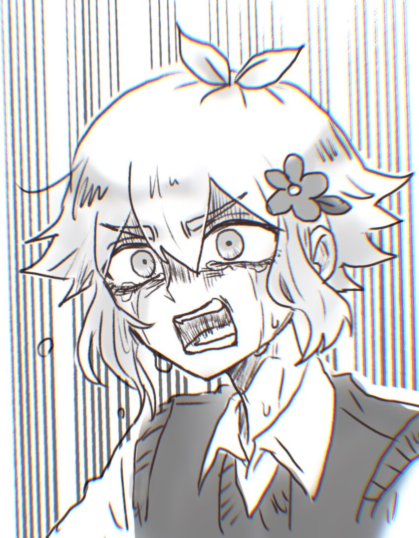 1boy antenna_hair basil_(faraway)_(omori) basil_(omori) chromatic_aberration collared_shirt crying crying_with_eyes_open flower germany_omori greyscale hair_flower hair_ornament highres male_focus monochrome omori open_mouth shirt short_hair short_sleeves solo sweater_vest tears teeth upper_body