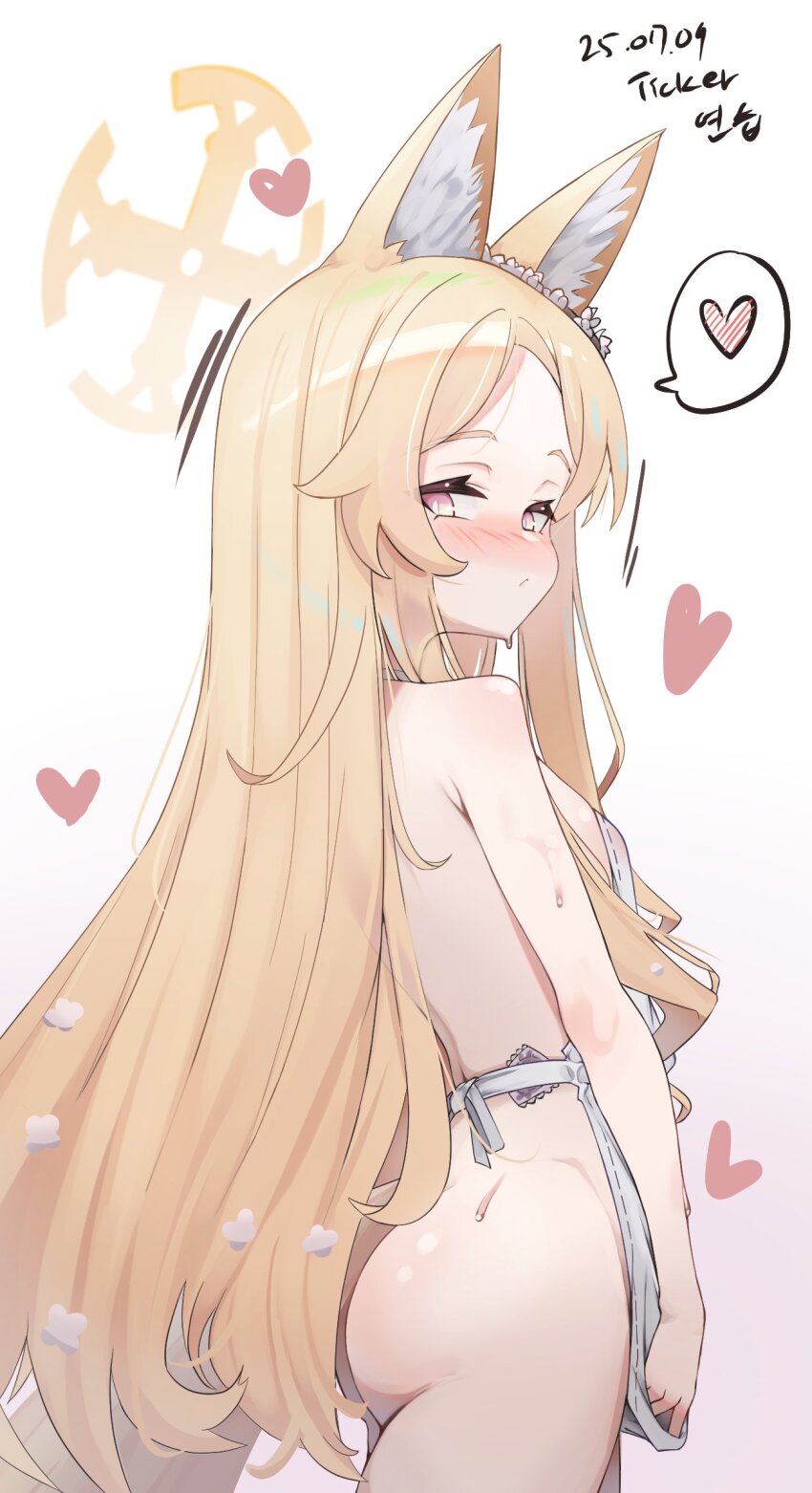 1girl :/ animal_ears apron artist_name ass blonde_hair blue_archive blush breasts closed_mouth condom condom_wrapper condom_wrapper_in_clothes cross_halo dated ear_wreath flower fox_ears fox_girl fox_tail from_behind gradient_background hair_flower hair_ornament half-closed_eyes halo heart highres loli long_hair looking_at_viewer looking_back multicolored_eyes naked_apron pink_eyes seia_(blue_archive) signature simple_background small_breasts solo spoken_heart standing tail thighs ticker_(kks2ksy) two-tone_eyes very_long_hair white_apron yellow_eyes yellow_halo