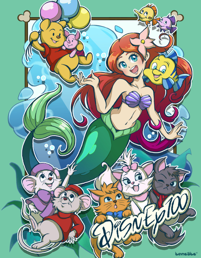 ame_(tameste) anniversary ariel_(disney) baby_animal balloon berlioz_(disney) bernard_(disney) blue_bow blue_eyes bow cat disney disney_princess fish flounder_(the_little_mermaid) flower hair_flower hair_ornament hat highres holding holding_balloon kitten marie_(the_aristocats) mermaid miss_bianca monster_girl mouse_(animal) open_mouth piglet_(winnie_the_pooh) pink_bow pink_flower pooh red_hair smile the_aristocats the_rescuers toulouse_(disney) winnie_the_pooh