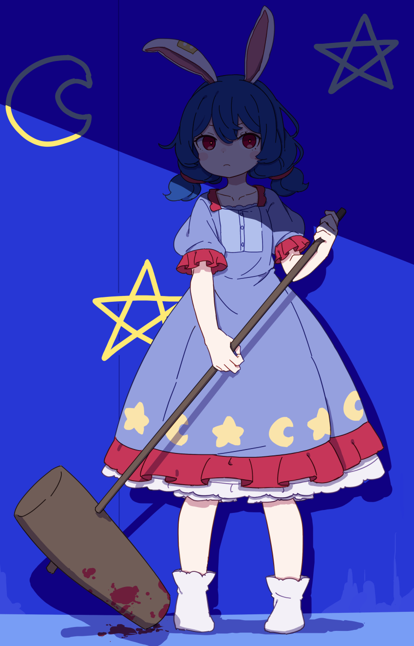 1girl absurdres ambiguous_red_liquid animal_ears blue_dress blush_stickers commentary crescent_moon crescent_print dress floppy_ears frilled_dress frills full_body highres holding holding_mallet kame_(kamepan44231) kine mallet medium_hair moon no_shoes rabbit_ears red_dress red_eyes seiran_(touhou) short_sleeves socks solo standing star_(symbol) touhou twintails two-tone_dress white_socks