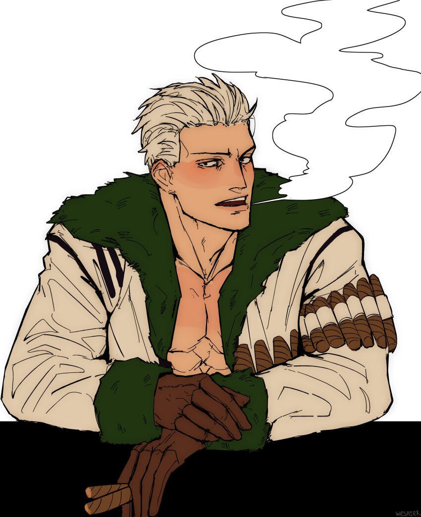 1boy absurdres brown_gloves cigar commentary english_commentary fur-trimmed_jacket fur_trim gloves highres holding holding_cigar jacket long_sleeves looking_at_viewer male_focus one_piece short_hair simple_background smoke smoker_(one_piece) solo teeth upper_body upper_teeth_only wesaier white_background white_hair