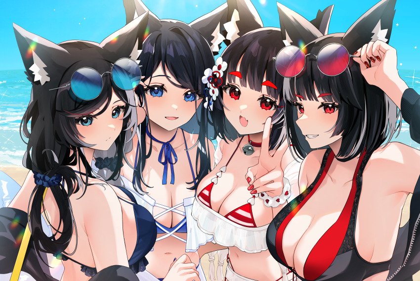 4girls absurdres alternate_costume animal_ear_fluff animal_ears azur_lane bell bikini black_bikini black_hair blue-tinted_eyewear blue_bikini blue_eyes breasts cat_ears choker cleavage comiket_104 day english_text eyewear_on_head fusou_(azur_lane) fusou_(meta)_(azur_lane) highres jingle_bell large_breasts long_hair looking_at_viewer multicolored_bikini multiple_girls nail_polish navel neck_bell open_mouth outdoors red-tinted_eyewear red_choker red_eyes red_nails round_eyewear sarong see-through_clothes short_hair siblings sisters smile striped_bikini striped_clothes summer sunglasses swimsuit tinted_eyewear two-tone_bikini v white_sarong yamaha_tsui yamashiro_(azur_lane) yamashiro_(meta)_(azur_lane)