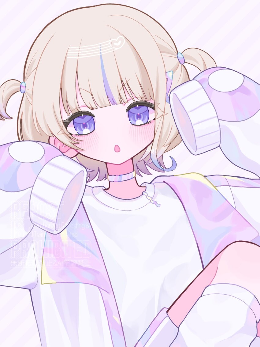 &gt;:o 1girl aegyo_sal asymmetrical_sidelocks blonde_hair blue_hair blunt_bangs blush choker commentary_request diagonal-striped_background eyes_visible_through_hair feet_out_of_frame flat_chest hair_ornament hair_tie hands_up highres hitose_rei holographic_clothing hololive hololive_dev_is jacket knee_up kneehighs long_sleeves looking_at_viewer multicolored_hair open_clothes open_jacket open_mouth puffy_long_sleeves puffy_sleeves purple_eyes shirt short_hair shorts simple_background sitting sleeves_past_fingers sleeves_past_wrists socks solo streaked_hair striped_background todoroki_hajime two_side_up v-shaped_eyebrows virtual_youtuber watermark white_choker white_jacket white_shirt white_shorts white_socks