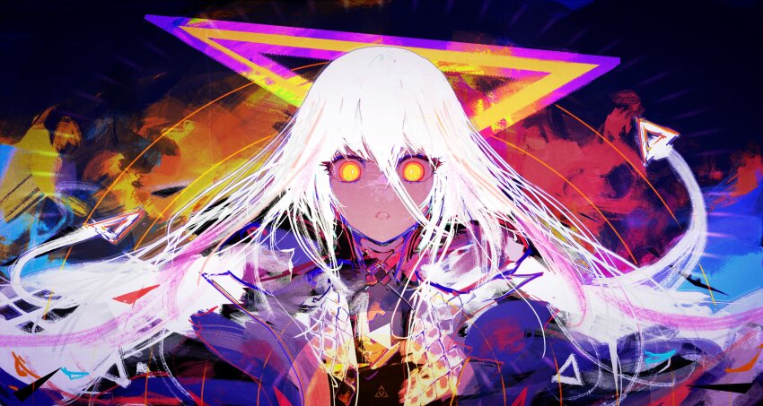 1other absurdres androgynous hair_between_eyes hair_ornament halo highres holocouncil hololive hololive_english jacket long_hair looking_at_viewer omega_alpha open_clothes open_jacket open_mouth shiny_eyes solo triangle_halo white_hair yellow_eyes yto9