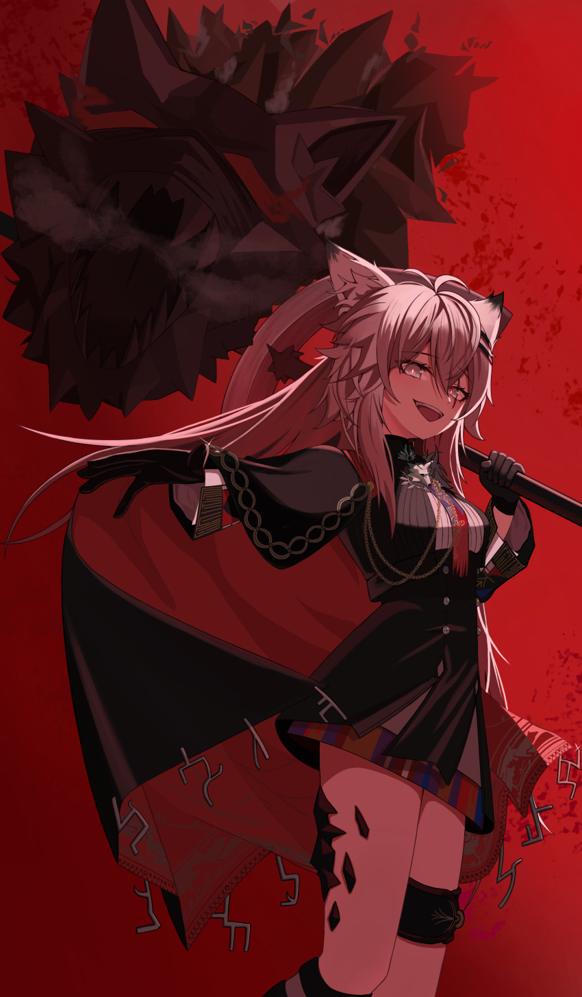 1girl absurdres aiguillette animal_ear_fluff animal_ears arknights black_cape black_gloves bolo_tie bright_pupils cape commentary_request cowboy_shot glint gloves grey_eyes grey_hair hair_between_eyes hair_ornament hairclip highres holding holding_weapon jigaghada_(rm8542) korean_commentary lappland_(arknights) lappland_the_decadenza_(arknights) long_hair long_sleeves looking_at_viewer material_growth open_mouth oripathy_lesion_(arknights) outstretched_arm red_background red_cape scar scar_across_eye scar_on_face smile solo standing two-sided_cape two-sided_fabric weapon white_pupils wolf_ears wolf_girl