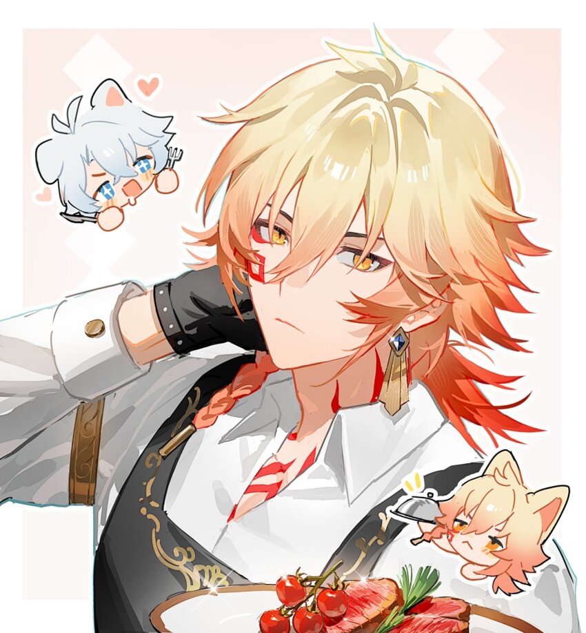 2boys animal_ears antenna_hair apron armlet black_apron black_gloves blonde_hair blue_eyes blue_hair braid chibi collared_shirt dog_ears earrings facial_tattoo food fork gloves gold_armlet gold_earrings gradient_hair hair_between_eyes hand_on_own_head heart highres holding holding_fork holding_plate honkai:_star_rail honkai_(series) jewelry long_sleeves looking_at_viewer male_focus meat medium_hair multicolored_hair multiple_boys mydei_(honkai:_star_rail) neck_tattoo orange_eyes phainon_(honkai:_star_rail) plate red_hair red_tattoo saliva serving_dome shirt side_braid solo_focus suirandanshihao tattoo two-tone_background white_background white_shirt