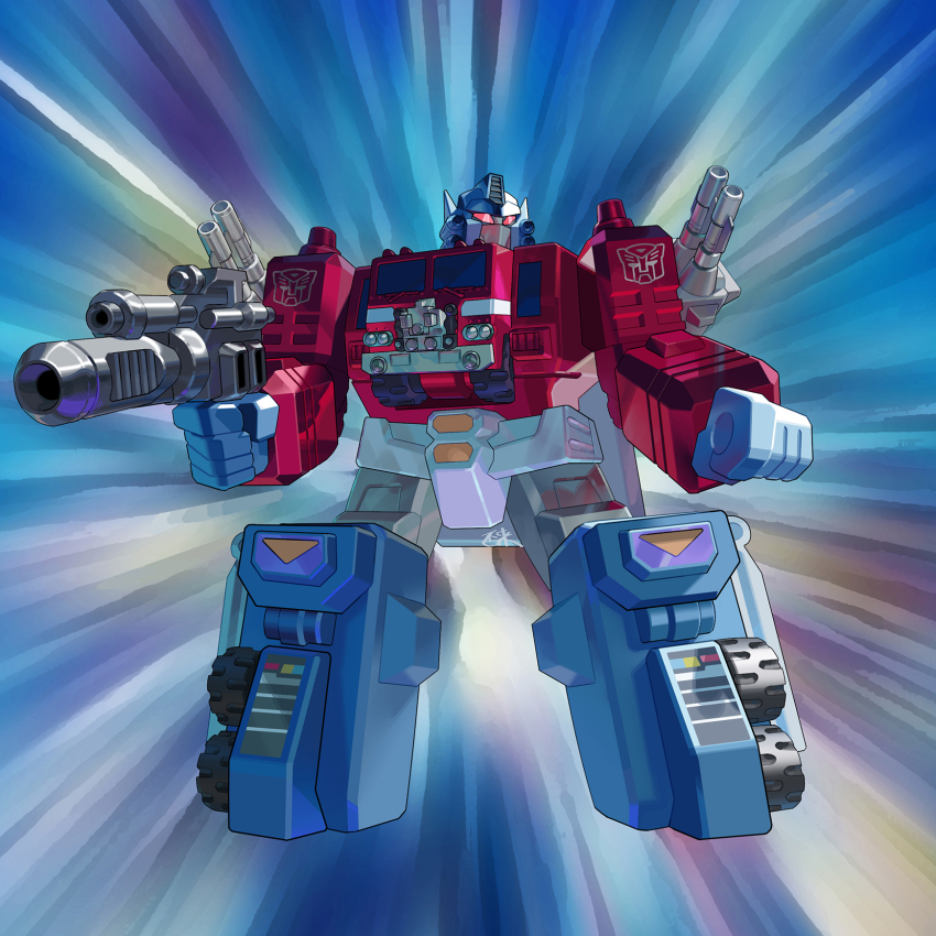 autobot clenched_hands ginrai_(transformers) gun highres holding holding_gun holding_weapon inaki_shinrou looking_to_the_side mecha mecha_focus motion_lines no_humans orange_eyes robot science_fiction solo transformers transformers_super-god_masterforce weapon wheel