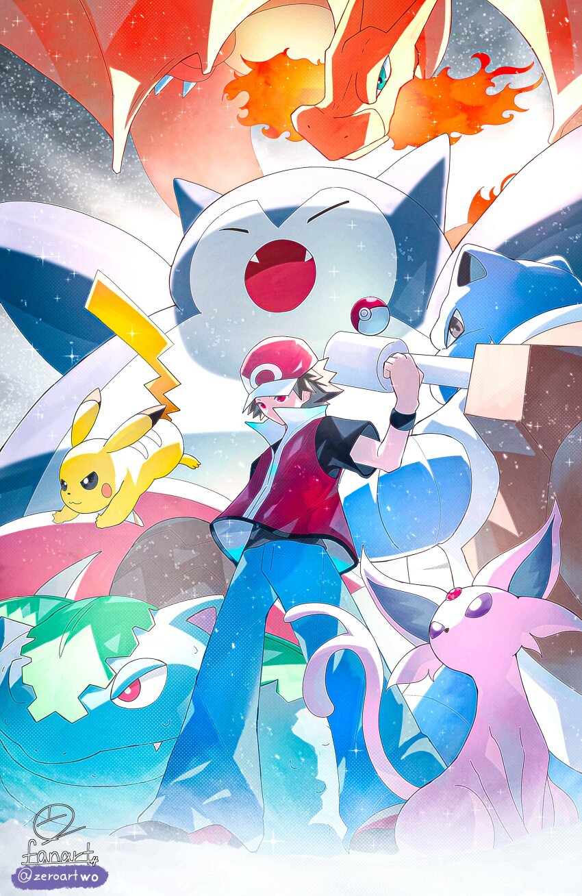absurdres blastoise blue_pants body_fur breath_weapon breathing_fire brown_hair charizard closed_eyes denim dinosaur espeon fangs fire forehead_jewel gen_1_pokemon gen_2_pokemon group_picture highres jacket lizard nintendo pants pikachu pokemon pokemon_hgss purple_fur red_(pokemon) red_eyes red_jacket shoulder_cannon snorlax turtle venusaur yellow_fur zeroartwo