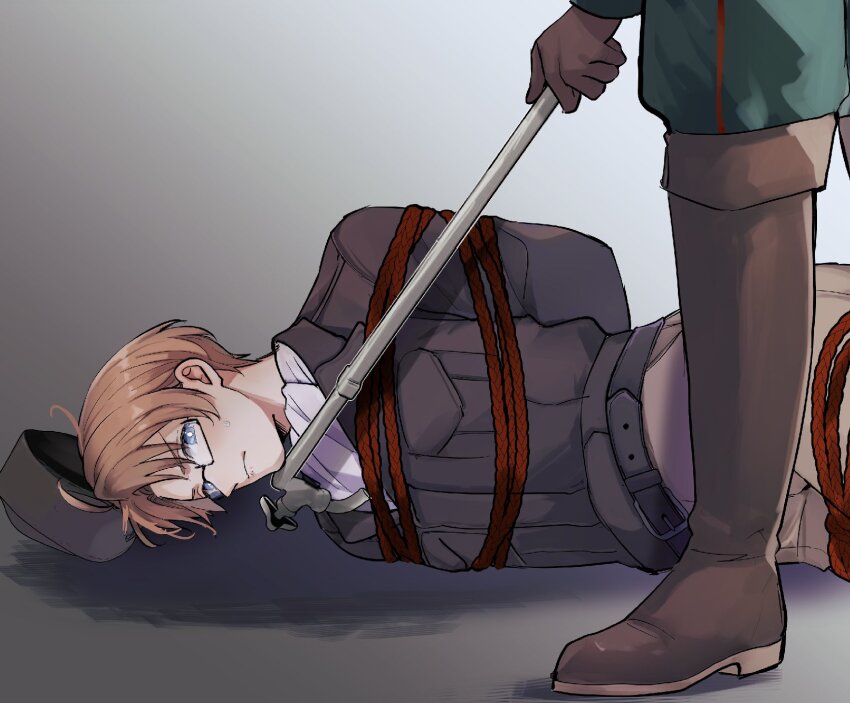 2boys ahoge america_(hetalia) arms_behind_back ascot axis_powers_hetalia baggy_pants belt black-framed_eyewear black_belt blue_eyes boots bound breast_pocket brown_boots brown_gloves brown_hat brown_jacket brown_pants closed_mouth commentary_request glasses gloves gradient_background green_jacket green_pants grey_background hat highres holding holding_lead_pipe jacket lapels lead_pipe long_sleeves looking_at_another lying male_focus military_hat military_jacket military_uniform multiple_boys on_side orange_hair pants pocket rope russia_(hetalia) sama_8_sm semi-rimless_eyewear shadow shirt short_hair simple_background solo_focus standing tied_up_(nonsexual) v-shaped_eyebrows white_ascot white_background white_shirt