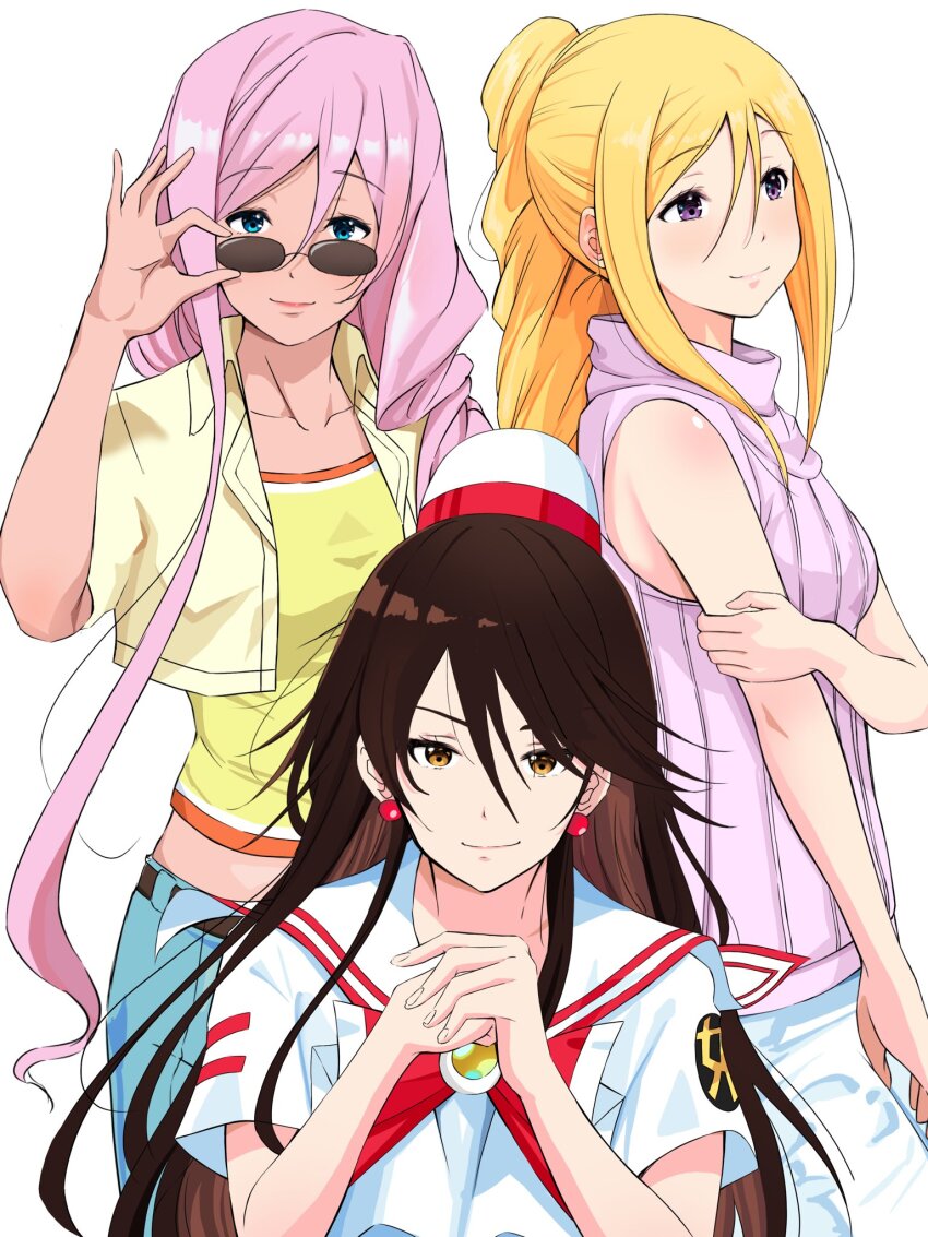 3girls akira_ferrari alicia_florence andanden aqua_eyes aria_(manga) athena_glory bare_shoulders blonde_hair blue_pants bow bowtie breasts brown_eyes brown_hair closed_mouth collarbone commentary_request cropped_jacket dark-skinned_female dark_skin eyelashes feet_out_of_frame hair_between_eyes hand_up hands_up highres himeya_company_uniform long_hair looking_at_viewer medium_breasts multiple_girls official_alternate_costume own_hands_together pants pink_hair purple_eyes purple_shirt red_bow red_bowtie red_headwear ribbed_shirt sailor_collar shirt simple_background sleeveless sleeveless_turtleneck standing sunglasses turtleneck two-tone_headwear upper_body very_long_hair white_background white_headwear yellow_shirt