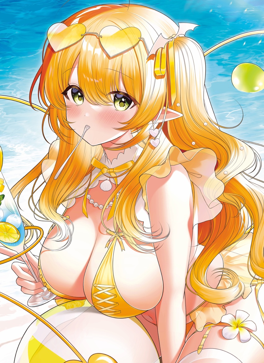 1girl absurdres ahoge ball bare_shoulders beachball bikini blonde_hair blush breasts commentary_request cup day eyewear_on_head flower green_eyes hair_between_eyes hair_ribbon heart heart-shaped_eyewear highres holding holding_cup large_breasts long_hair looking_at_viewer melonbooks original outdoors pointy_ears pomu_(pomu_me) ribbon solo spoon sunglasses swimsuit tinted_eyewear two_side_up utensil_in_mouth very_long_hair water white_flower yellow-tinted_eyewear yellow_bikini yellow_ribbon