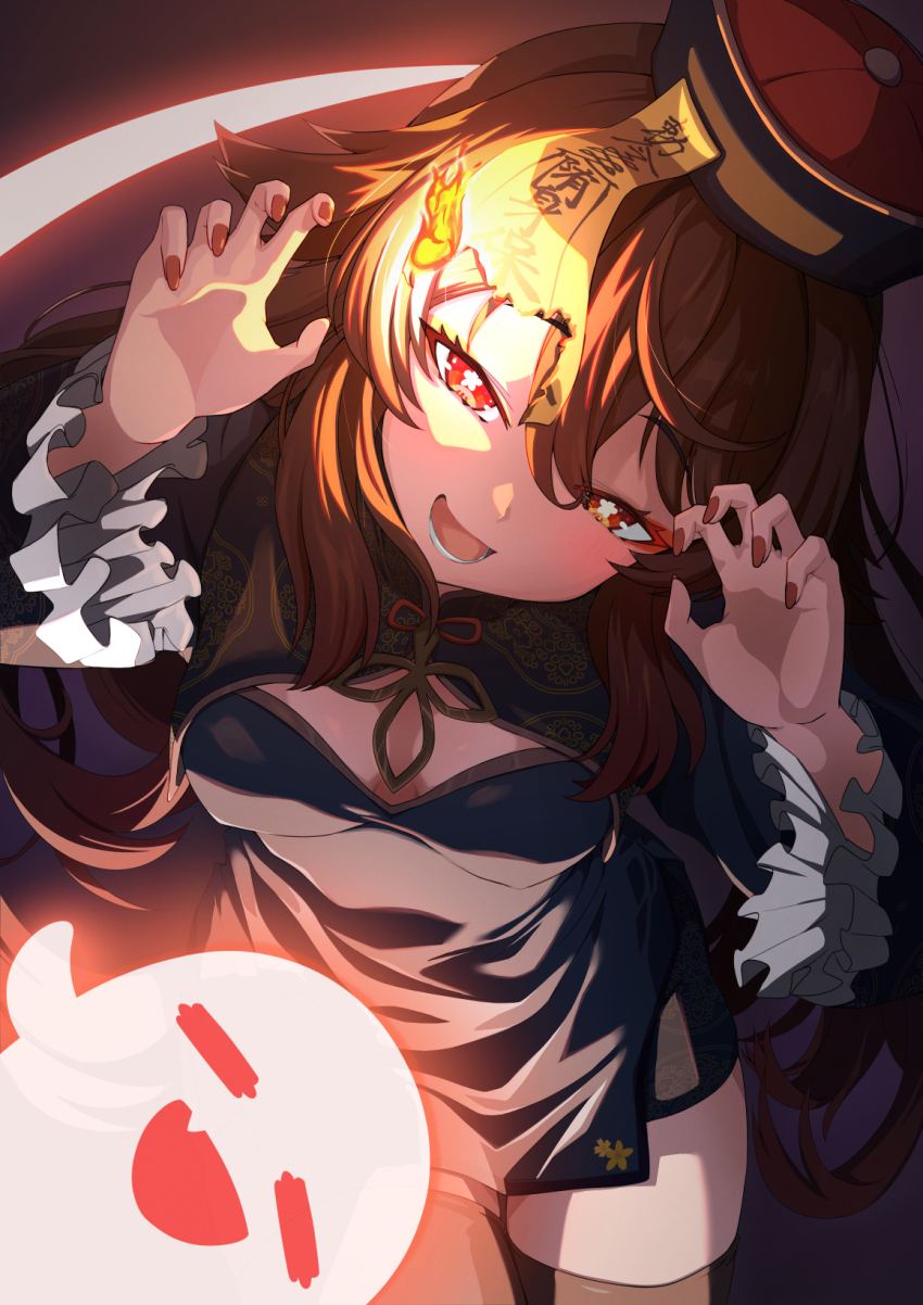 1girl alternate_costume black_dress black_shrug black_thighhighs boo_tao_(genshin_impact) breasts brown_hair china_dress chinese_clothes claw_pose dress flower-shaped_pupils genshin_impact halloween halloween_costume hat highres hu_tao_(genshin_impact) long_hair looking_at_viewer medium_breasts menchi-men nail_polish ofuda ofuda_on_head open_mouth qingdai_guanmao red_eyes red_nails short_dress shrug_(clothing) solo symbol-shaped_pupils thighhighs wide_sleeves