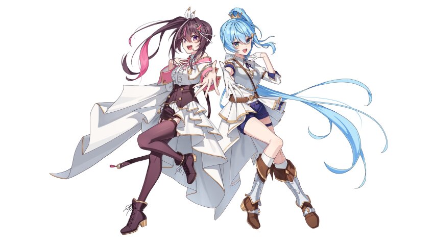 2girls :d armor armored_boots asymmetrical_sidelocks azki_(hololive) belt black_boots black_hair black_shorts black_thighhighs blue_eyes blue_hair blue_shorts boots breastplate brooch brown_belt center_frills collared_shirt colored_inner_hair commentary_request cropped_jacket double-parted_bangs frills full_body garter_straps gloves hair_between_eyes hair_ornament hairclip hand_up high-waist_shorts highres hololive hoshimachi_suisei jacket jewelry juliet_sleeves long_hair long_sleeves mole mole_under_eye multicolored_hair multiple_girls official_alternate_costume official_alternate_hairstyle official_art open_mouth pine_(angel4195202) pink_hair pleated_skirt puffy_sleeves purple_eyes reaching reaching_towards_viewer shirt shirt_tucked_in short_shorts shorts shoulder_armor showgirl_skirt side_ponytail sidelocks simple_background skirt sleeve_cuffs sleeveless sleeveless_shirt smile star_(symbol) star_in_eye streaked_hair symbol_in_eye thighhighs three-quarter_sleeves very_long_hair virtual_youtuber white_background white_gloves white_hair white_jacket white_shirt white_skirt