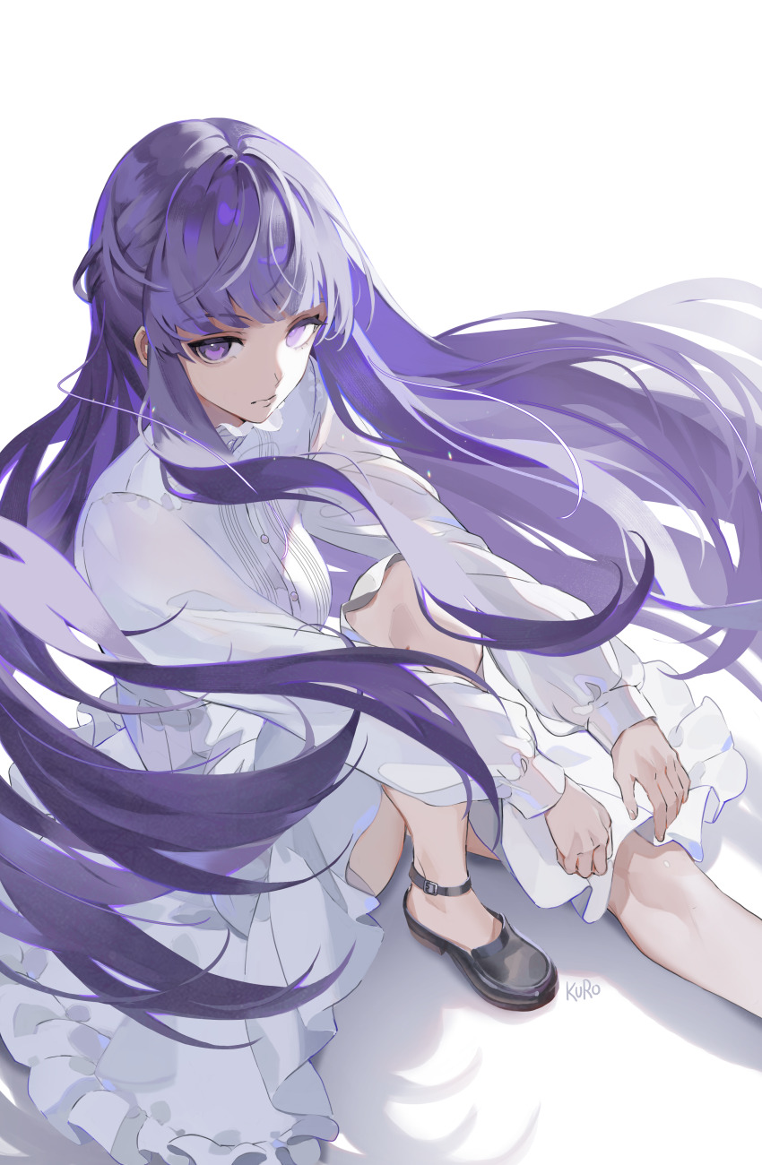 1girl absurdres anklet artist_name black_footwear dress english_text expressionless fern_(sousou_no_frieren) highres jewelry kamui_(kurohshiro1) knee_up long_hair long_sleeves looking_at_viewer purple_eyes purple_hair solo sousou_no_frieren very_long_hair white_background white_dress