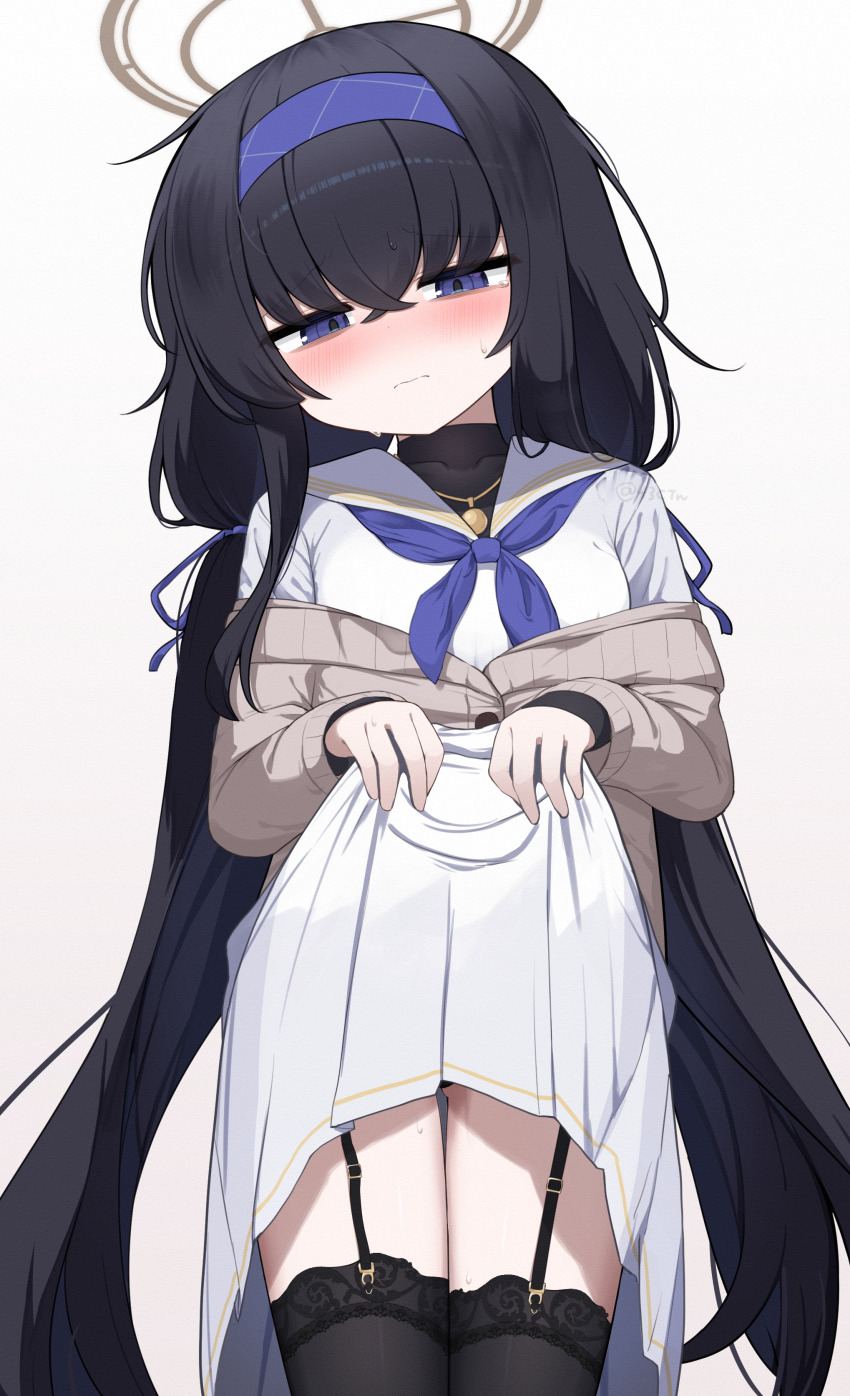 1girl absurdres bags_under_eyes black_garter_straps black_hair black_thighhighs black_undershirt blue_archive blue_hairband blue_neckerchief blush cardigan cardigan_partially_removed clothes_lift cowboy_shot garter_straps grey_cardigan hairband halo head_tilt highres lifting_own_clothes long_hair looking_at_viewer neckerchief purple_eyes school_uniform serafuku simple_background skirt skirt_lift solo thighhighs twintails ui_(blue_archive) very_long_hair waon_(43ctw) white_background white_serafuku