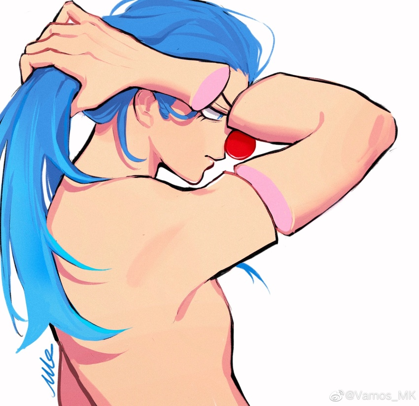 1boy blue_eyes blue_hair buggy_the_clown closed_mouth clown_nose eyelashes from_side highres long_hair looking_ahead male_focus one_piece signature simple_background solo topless_male tying_hair upper_body vamos_mk white_background