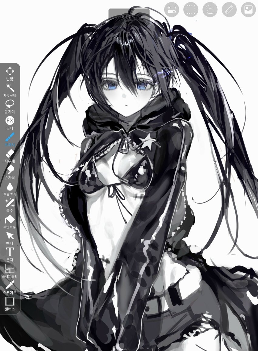 1girl 8x9_1t art_program_in_frame black_bra black_hair black_rock_shooter black_rock_shooter_(character) black_shorts blue_eyes bra closed_mouth cowboy_shot highres long_hair scar shorts solo twintails underwear white_background
