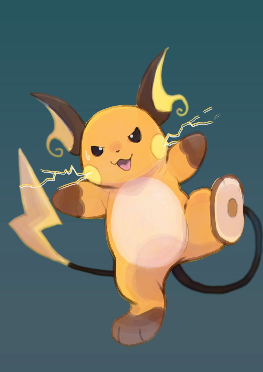 aqua_background brown_fur chin_chilla_(tinntira) electricity full_body gen_1_pokemon highres looking_at_viewer multicolored_fur nintendo no_humans open_mouth orange_fur pokemon pokemon_(creature) raichu simple_background solo tail white_fur