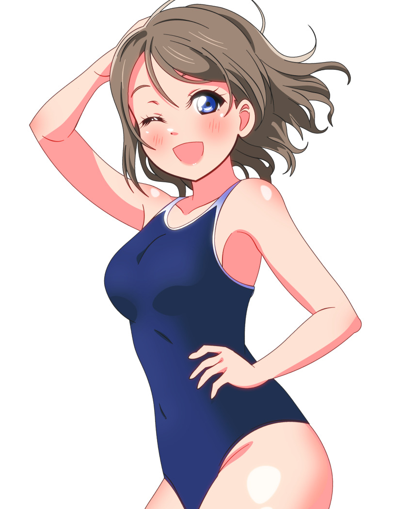1girl absurdres blue_eyes blue_one-piece_swimsuit breasts brown_hair competition_school_swimsuit covered_navel cowboy_shot highres looking_at_viewer loose_hair_strand love_live! love_live!_sunshine!! medium_breasts one-piece_swimsuit one_eye_closed open_mouth school_swimsuit shinonome_sakura short_hair simple_background smile solo swimsuit watanabe_you white_background