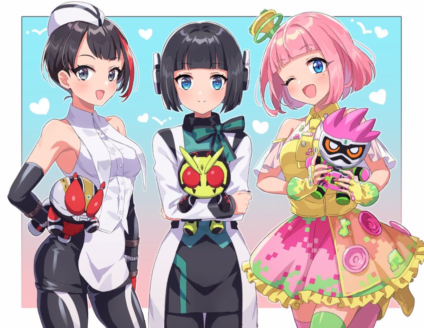 3girls android animification black_eyes black_hair blue_eyes chibi elbow_gloves gloves highres holding holding_toy humagear_headphones is_(kamen_rider_01) kamen_rider kamen_rider_01_(series) kamen_rider_den-o kamen_rider_den-o_(series) kamen_rider_ex-aid kamen_rider_ex-aid_(series) kamen_rider_zero-one multicolored_hair multiple_girls naomi_(kamen_rider_den-o) one_eye_closed pink_hair poppi_pipopapo shinonoko_(tubamecider) short_hair streaked_hair stuffed_toy toy