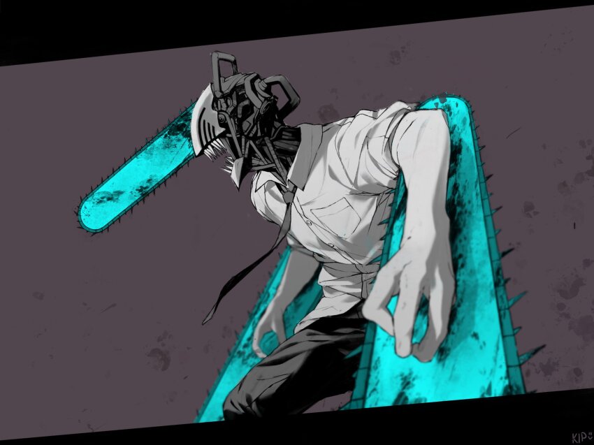 1boy black_necktie black_pants chainsaw chainsaw_man collared_shirt denji_(chainsaw_man) facing_to_the_side floating_neckwear grey_background highres hybrid kips monochrome necktie open_mouth pants sharp_teeth shirt simple_background solo spot_color teeth white_shirt