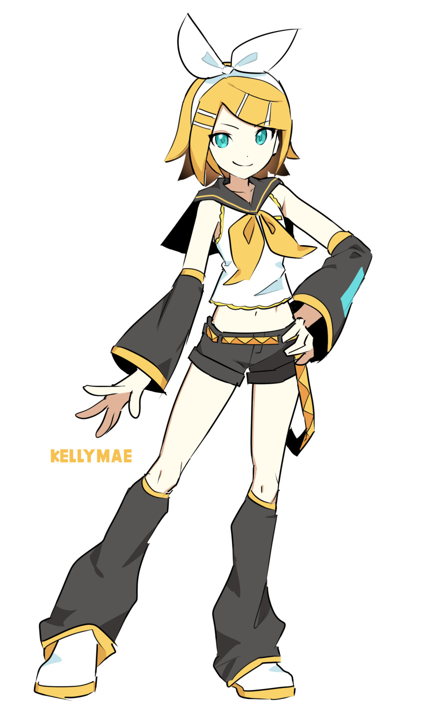 &gt;:) 1girl absurdres aqua_eyes bare_shoulders belt black_leg_warmers black_sailor_collar black_shorts black_sleeves blonde_hair bow collarbone detached_sleeves flat_chest full_body green_eyes hair_bow hair_ornament hairclip hand_on_own_hip headphones headset highres kagamine_rin kellymae leg_warmers looking_at_viewer midriff narrow_waist navel neckerchief orange_belt pale_skin sailor_collar shirt short_hair short_shorts shorts skinny sleeveless sleeveless_shirt smile smug solo swept_bangs two-tone_belt v-shaped_eyebrows vocaloid white_bow yellow_belt yellow_neckerchief