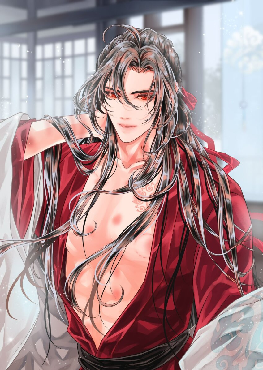 1boy ahoge alternate_costume architecture bare_pectorals bbbeyonce099 bishounen bite_mark black_hair blurry blurry_background chest_tattoo chinese_clothes closed_mouth coat collarbone day depth_of_field east_asian_architecture hair_between_eyes hair_down hair_ribbon half_updo hand_in_own_hair hand_up hanfu hickey highres implied_yaoi indoors lattice light_particles long_hair long_sleeves looking_at_viewer male_focus modao_zushi nipples official_alternate_hairstyle open_clothes open_robe parted_bangs pectorals red_eyes red_hanfu red_ribbon red_robe ribbon robe sash sidelocks sliding_doors smile solo tattoo toned toned_male upper_body very_long_hair wei_wuxian wei_wuxian_(yiling_laozu) white_coat wide_sleeves