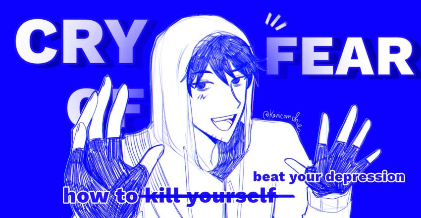 1boy black_gloves blue_eyes blue_hair blue_theme cry_of_fear drop_shadow english_text fake_mrbeast_(meme) fingerless_gloves gloves hands_up highres hood hood_up hoodie impact_(font) implied_suicide konicomchiee male_focus meme open_mouth short_hair simon_henriksson solo teeth upper_body upper_teeth_only white_hoodie