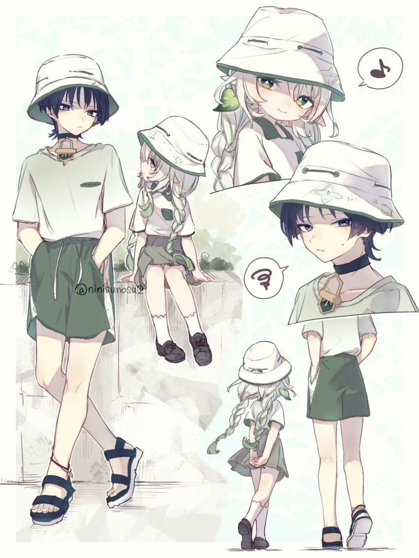 1boy 1girl alternate_costume alternate_hairstyle arms_behind_back black_choker black_footwear blunt_ends braid bucket_hat choker closed_mouth collarbone cross-shaped_pupils drawstring genshin_impact green_eyes green_hair green_shorts green_skirt hair_ornament hands_in_pockets hat head_tilt height_difference highres leaf leaf_hair_ornament long_hair looking_at_another looking_at_viewer multicolored_hair musical_note nahida_(genshin_impact) ninisunosu2 official_alternate_costume pleated_skirt pointy_ears purple_eyes purple_hair sandals scaramouche_(genshin_impact) shirt shoes short_sleeves shorts side-by-side sitting skirt smile socks spoken_musical_note spoken_squiggle squiggle streaked_hair sweatdrop symbol-shaped_pupils t-shirt tsurime twin_braids twitter_username walking wanderer_(genshin_impact) white_background white_footwear white_hair white_hat white_shirt white_sleeves white_socks