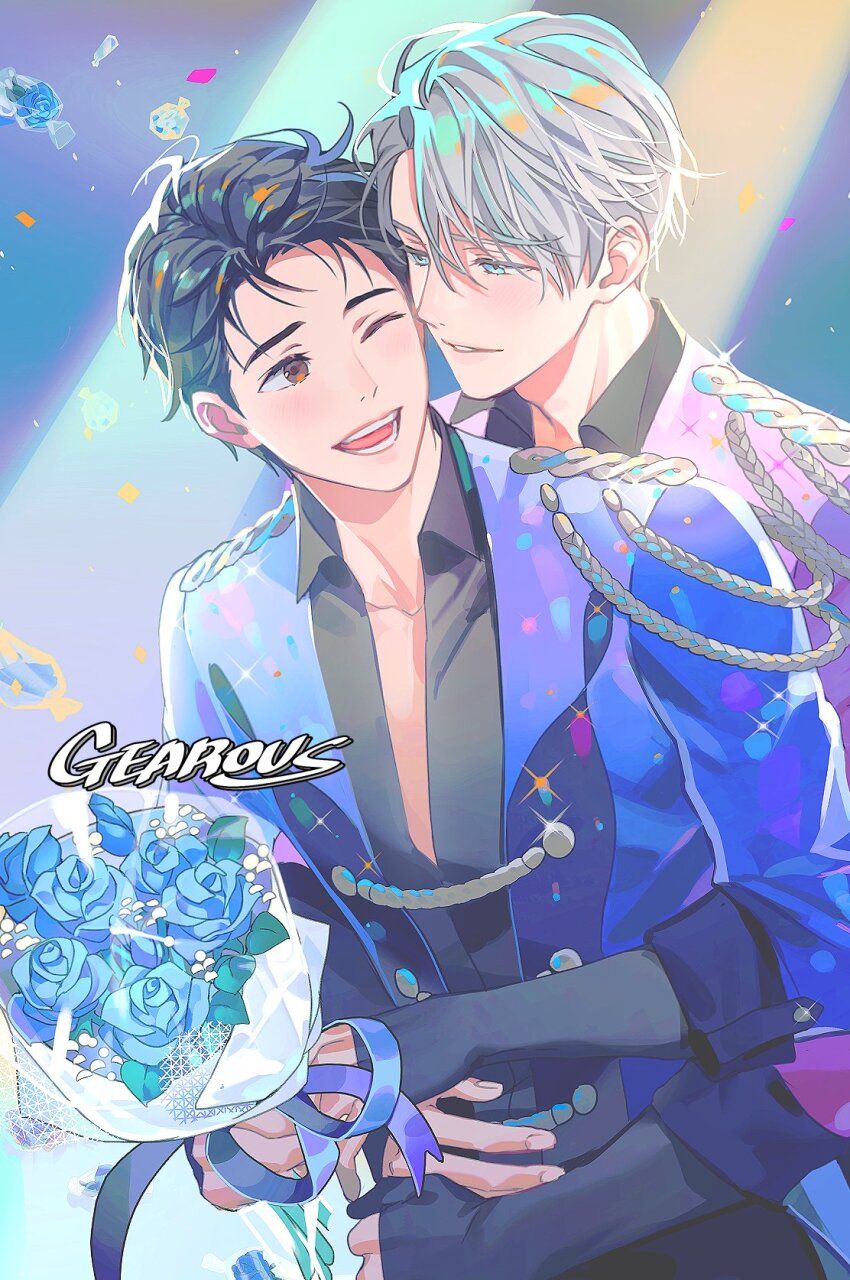 2boys ;d black_hair blue_eyes blue_flower blue_rose bouquet brown_eyes collared_shirt confetti couple epaulettes eye_contact flower gearous hair_slicked_back highres hug hug_from_behind katsuki_yuuri looking_at_another male_focus multiple_boys one_eye_closed open_mouth rose shirt smile viktor_nikiforov white_hair yaoi yuri!!!_on_ice