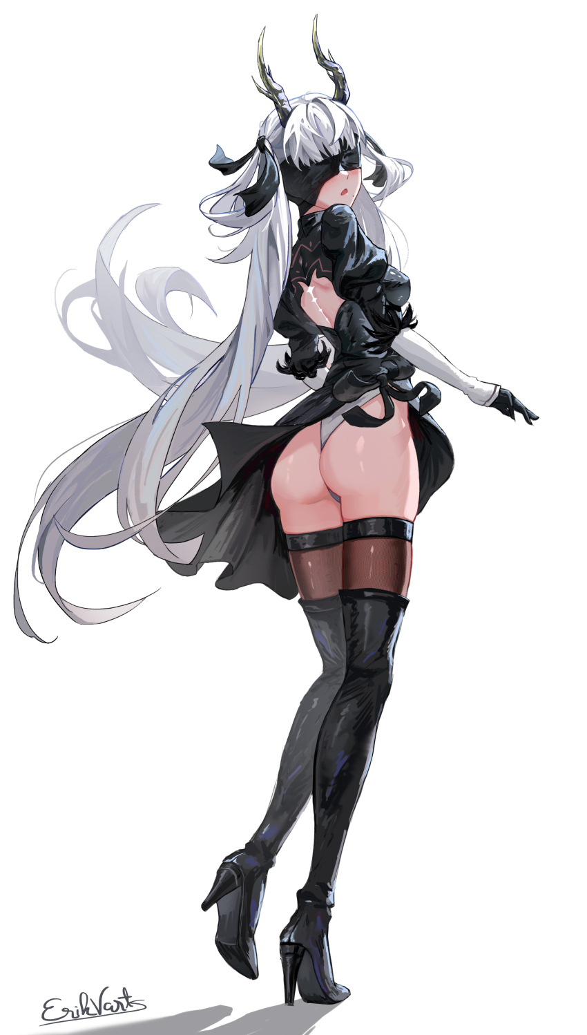 1girl 2b_(nier:automata) 2b_(nier:automata)_(cosplay) absurdres ass back_cutout black_boots black_bow black_dress black_gloves black_thighhighs blindfold blush boots bow clothing_cutout commentary cosplay dress eastern_dragon_horns erikvarts facing_viewer from_behind full_body gloves hair_bow high_heel_boots high_heels highres horns jinhsi_(wuthering_waves) long_hair multiple_hair_bows nier:automata nier_(series) open_mouth signature simple_background solo tacet_mark_(wuthering_waves) thighhighs thighhighs_under_boots two_side_up very_long_hair white_background white_hair white_horns wuthering_waves