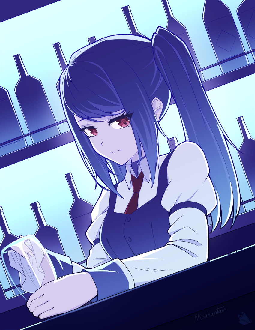 1girl absurdres bartender black_hair black_vest bottle collared_shirt commentary cup drinking_glass dutch_angle english_commentary highres jill_stingray long_sleeves looking_at_viewer looking_back mouhantain necktie red_eyes red_necktie shirt side_ponytail sidelocks solo swept_bangs upper_body va-11_hall-a vest white_shirt