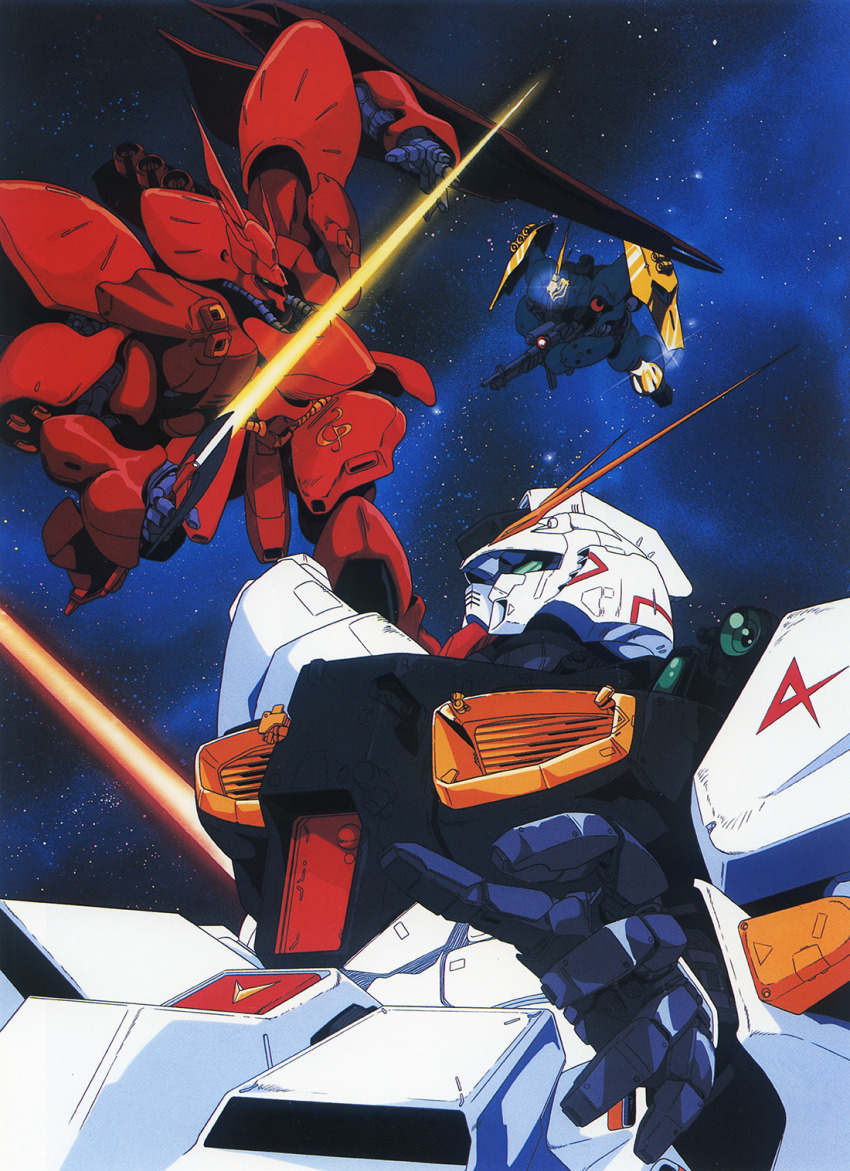 1980s_(style) anaheim_electronics battle beam_rifle energy_sword char&#039;s_counterattack emblem energy_gun energy_sword gun gundam highres jagd_doga_gyunei_custom kawamoto_toshihiro key_visual mecha mobile_suit mobile_suit_gundam neo_zeon no_humans nu_gundam official_art oldschool promotional_art retro_artstyle robot sazabi scan science_fiction shield space star_(symbol) star_symbol_background sword traditional_media v-fin weapon