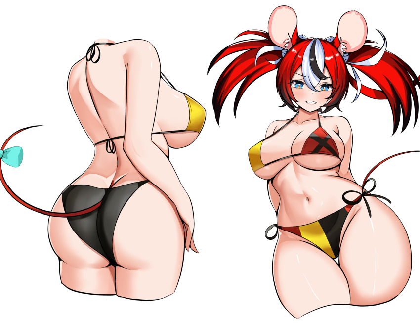 1girl absurdres alternate_breast_size alternate_costume animal_ears ass bikini black_bikini black_streaks blue_bow blue_eyes bow breasts dice_hair_ornament hair_ornament hakos_baelz highres hololive hololive_english large_breasts looking_at_viewer mouse_ears mouse_girl mouse_tail multicolored_bikini multicolored_hair multiple_views navel panpanmc4 red_bikini red_hair swimsuit tail tail_bow tail_ornament teeth twintails virtual_youtuber white_hair yellow_bikini