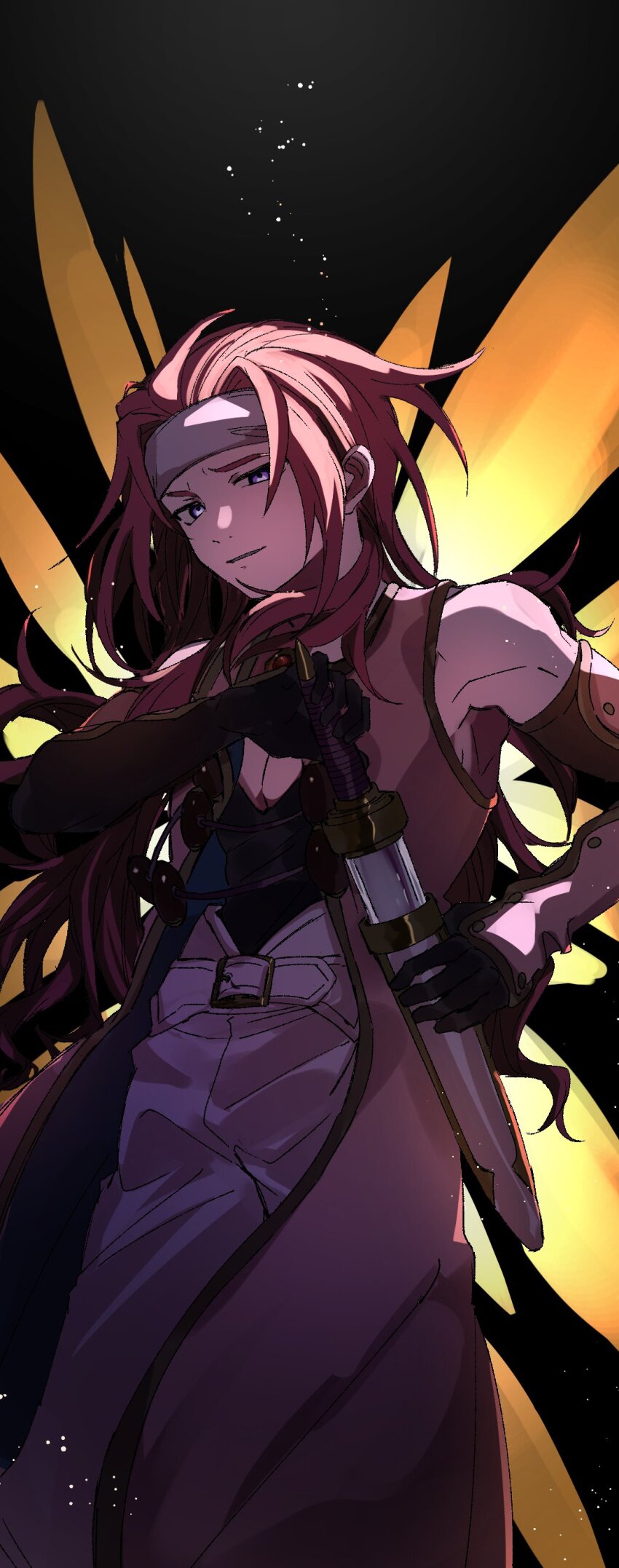 absurdres aemono_(lemolemo_lmn) bad_link black_background black_undershirt blue_eyes headband highres pants pink_vest red_hair sheath spoilers tales_of_(series) tales_of_symphonia unsheathing vest white_pants zelos_wilder