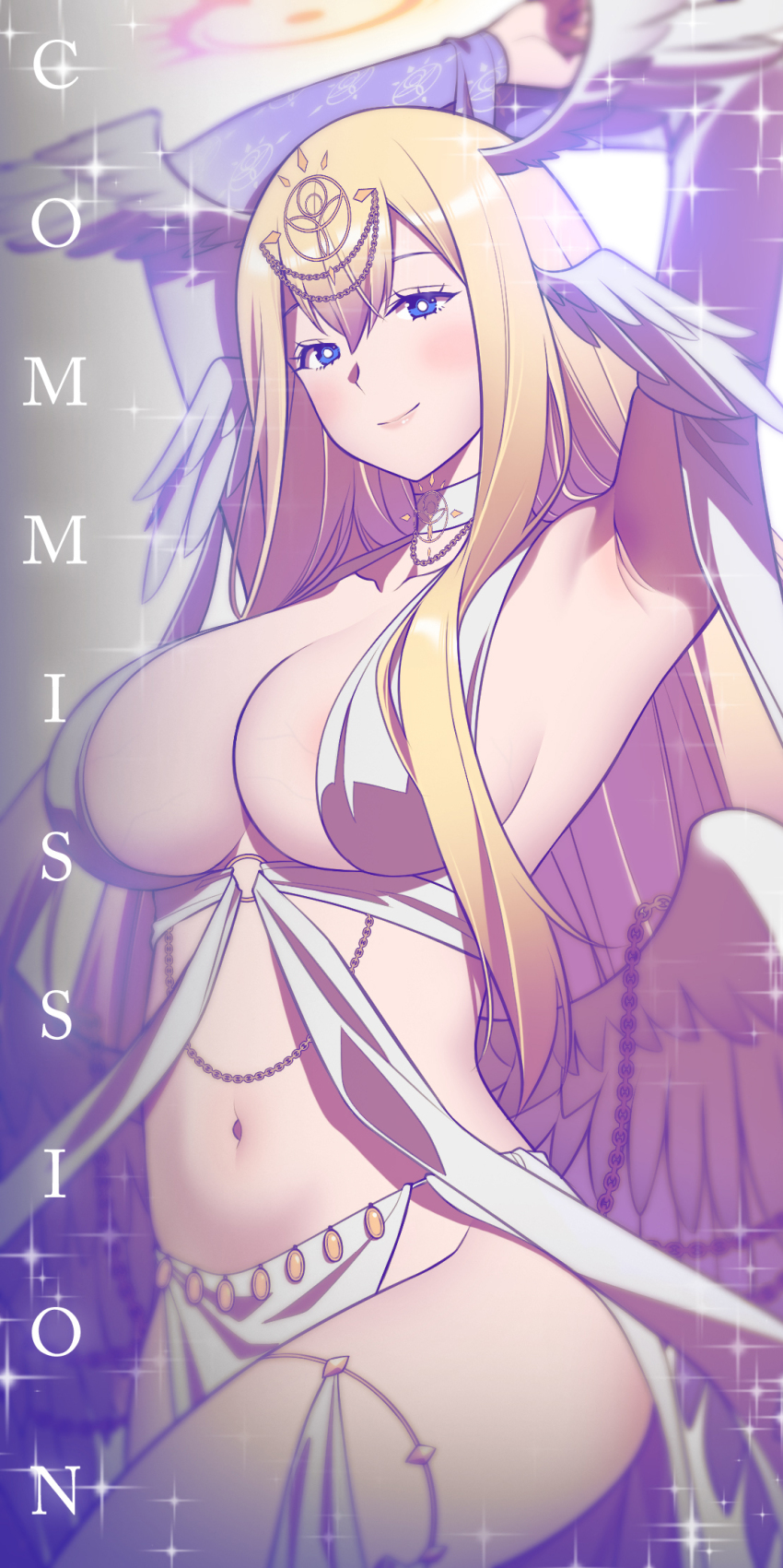 1girl andrian_januar_adilia angel angel_wings armpits arms_up bare_hips bare_shoulders blonde_hair blue_eyes body_chain breasts character_request cleavage collarbone commission copyright_request detached_sleeves double-parted_bangs hair_between_eyes hair_ornament highres large_breasts light_smile long_hair long_sidelocks looking_at_viewer navel pelvic_curtain presenting_armpit revealing_clothes sidelocks solo stomach thighs veins veiny_breasts very_long_hair very_long_sidelocks wings