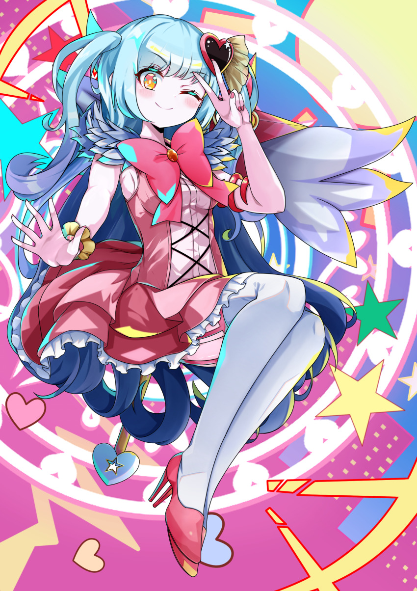 1girl absurdres blue_hair blush bow bowtie breasts commentary_request dress full_body gloves hair_ornament heart heart_hair_ornament high_heels highres lobotomy_corporation long_hair looking_at_viewer magical_girl medium_breasts one_eye_closed pink_bow pink_dress pink_gloves pink_shoes pixiv_75161253 project_moon queen_of_hatred shoes single_wing smile solo thighhighs two_side_up v very_long_hair white_thighhighs wings yellow_eyes
