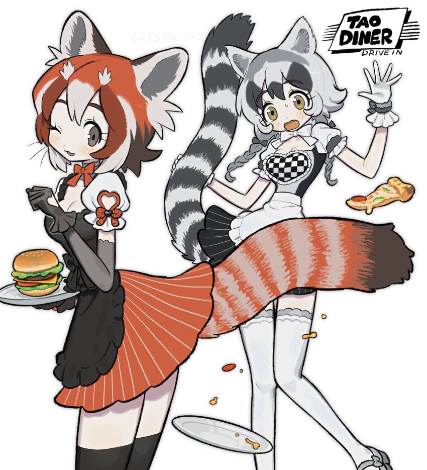 2girls :3 apron arm_up behind_another black_apron black_gloves black_hair black_thighhighs bow bow_choker braid breasts burger checkered_apron checkered_clothes choker cleavage clothing_cutout dot_nose double-parted_bangs dress dropped_object elbow_gloves eyelashes feet_out_of_frame food frilled_gloves frills glove_cutout gloves grey_footwear grey_hair hand_up heart_cutout highres holding holding_own_tail holding_plate layered_gloves lemur_ears lemur_girl lemur_tail light_blush long_hair looking_ahead looking_at_viewer medium_hair multicolored_hair multiple_girls one_eye_closed open_mouth orange_hair original pizza pizza_slice plate raised_eyebrows red_bow red_dress red_hair red_panda_ears red_panda_girl red_panda_tail shoulder_cutout simple_background striped_clothes striped_dress striped_tail sweatdrop tail taonoinu thighhighs twin_braids vertical-striped_clothes vertical-striped_dress waitress wavy_mouth whiskers white_background white_bow white_hair white_sleeves white_thighhighs yellow_eyes