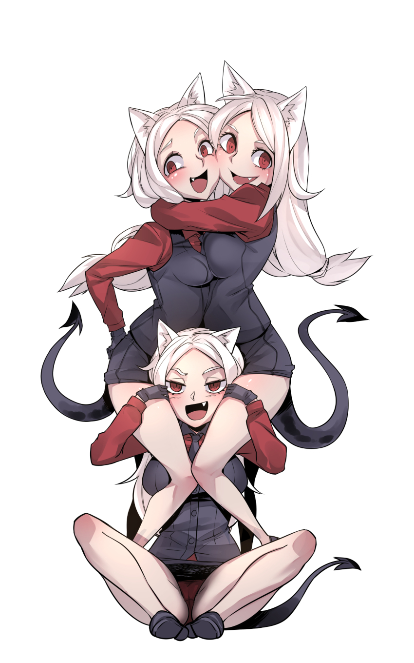 3girls animal_ear_fluff animal_ears between_thighs black_shoes black_shorts black_suit blush breasts cerberus_(helltaker) collared_shirt demon_tail dog_ears dog_girl fang formal_clothes helltaker highres hug large_breasts long_hair looking_at_viewer medium_breasts mikasa_known multiple_girls open_mouth ponytail red_eyes red_shirt shirt shoes shorts siblings sisters smile suit tail triplets white_hair